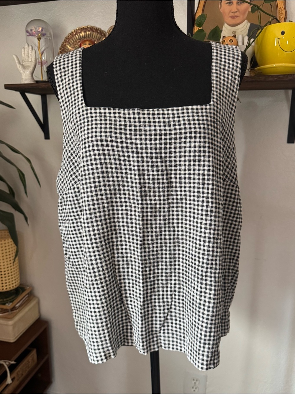 A New Day Linen Blend Black & White Gingham Tank Top